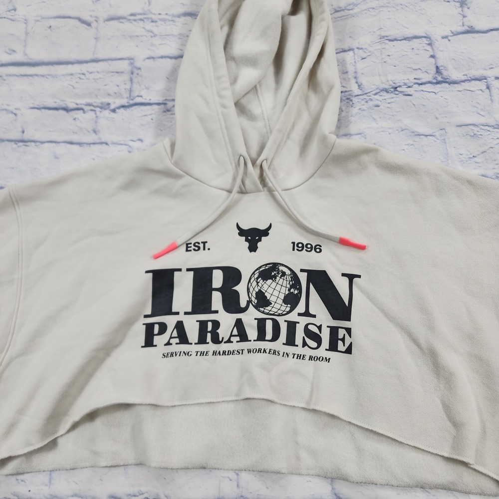 Under Armour Project Rock WOMENS M Iron Paradise Crop Fleece Hoodie Beige